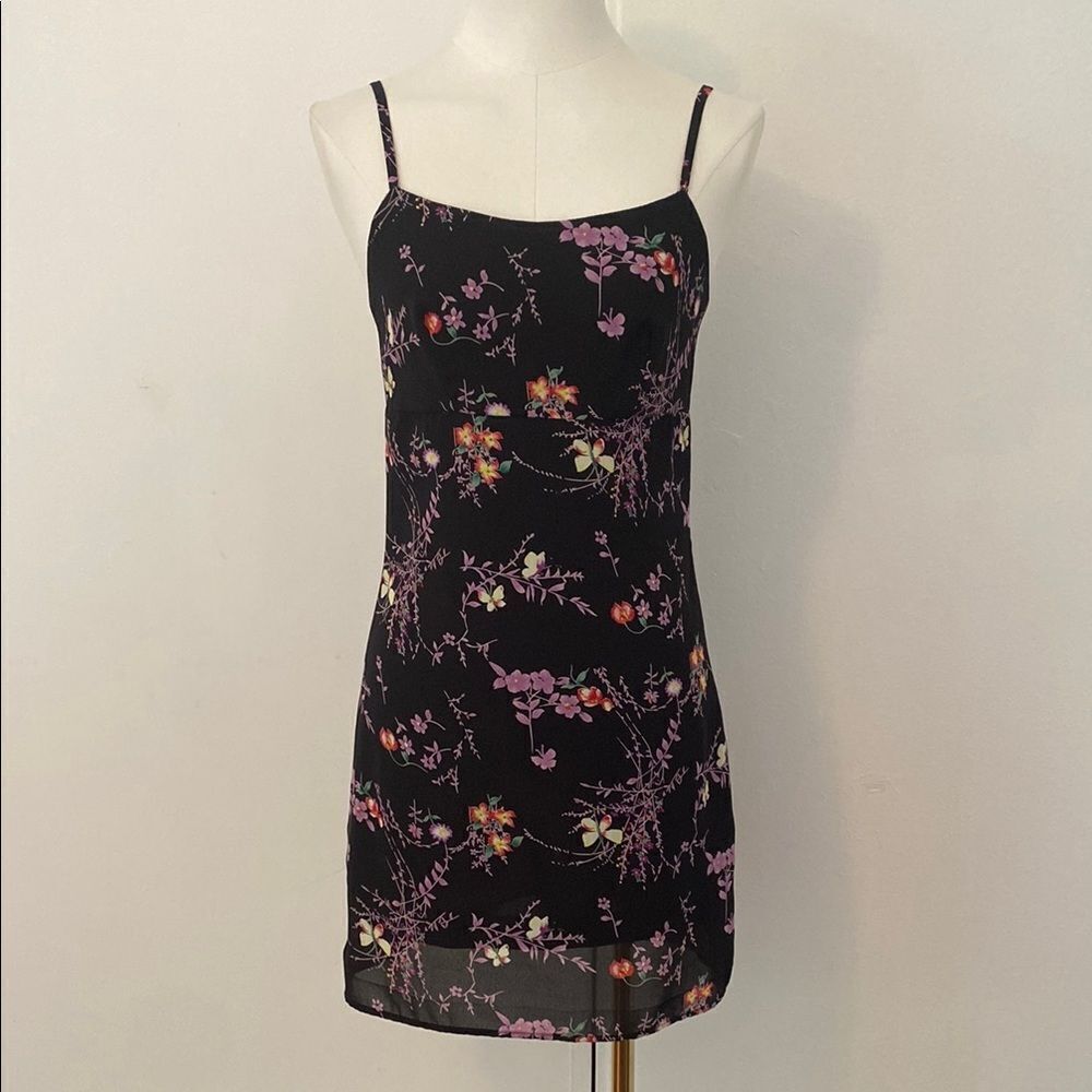 Vintage 90's/ Early 00's Black Floral Empire Waist Mini Dress Size Small - Picture 2 of 14